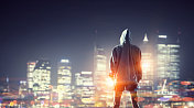 Young boxer woman outdoor. Young boxer woman standing outdoors against city landscape创意图片素材 - Ingram
