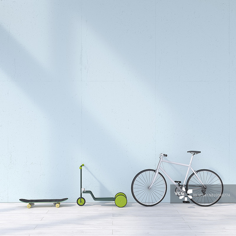 bicycle, skateboard, scooter leaning against wall bicycle, skateboard, scooter leaning against wall创意图片素材 - Corbis RF