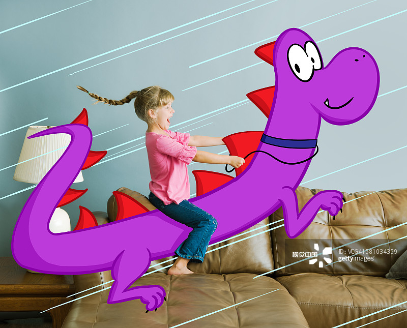 Little girl riding illustrated dragon
